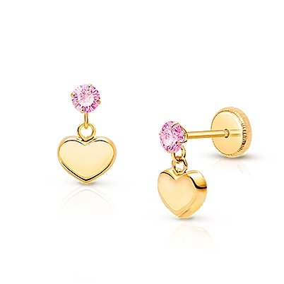 Modern Heart Dangle, Pink CZ Baby/Children&#039;s Earrings, Screw Back - 14K Gold