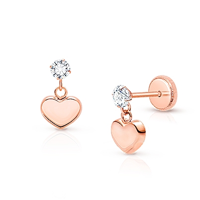 Modern Heart Dangle, Clear CZ Baby/Children&#039;s Earrings, Screw Back - 14K Rose Gold