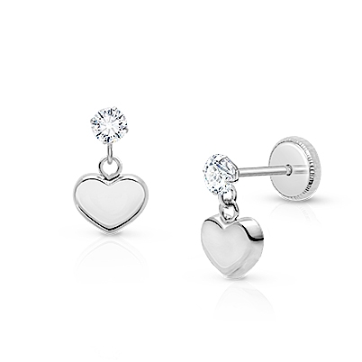 Modern Heart Dangle, Clear CZ First Holy Communion Children&#039;s Earrings, Screw Back - 14K White Gold