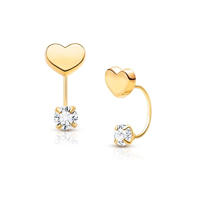 Modern Heart Screw Front, Clear CZ Mother&#039;s Earrings - 14K Gold