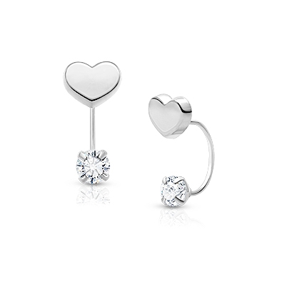 Modern Heart Screw Front, Clear CZ First Holy Communion Children&#039;s Earrings - 14K White Gold