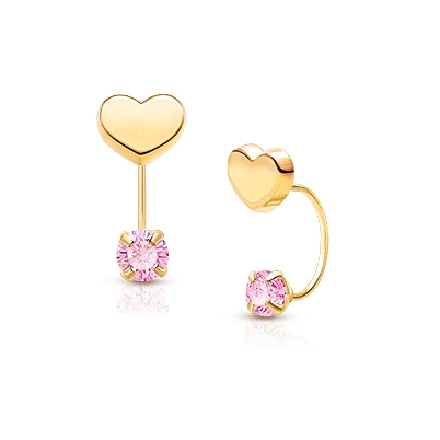 Modern Heart with Pink CZ Screw Front, Baby/Children&#039;s Earrings - 14K Gold