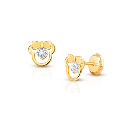Girl Mouse with Bow, Baby/Children&#039;s Earrings, Screw Back, Clear CZ - 14K Gold