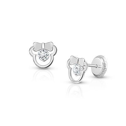 Girl Mouse with Bow, Baby/Children&#039;s Earrings, Screw Back, Clear CZ - 14K White Gold