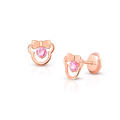 Girl Mouse with Bow, Baby/Children&#039;s Earrings, Screw Back, Pink CZ - 14K Rose Gold