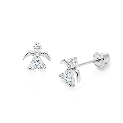 My Little Angel, Christening/Baptism Baby/Children&#039;s Earrings, Screw Back - 14K White Gold