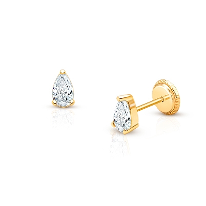 My Little Raindrop, Clear CZ Pear Cut Stud, Baby/Children&#039;s Earrings, Screw Back - 14K Gold