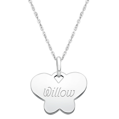 Butterfly, Engraved Children&#039;s Necklace for Girls (FREE Personalization) - Sterling Silver