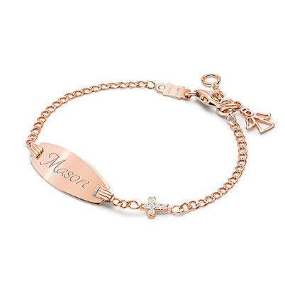 Pavé Cross, Baby/Children&#039;s Engraved ID Bracelet for Boys - 14K Rose Gold