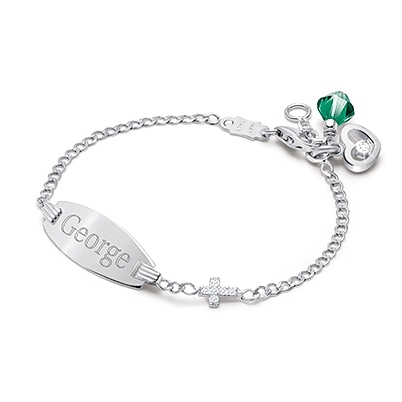 Pavé Cross, Christening/Baptism Baby/Children&#039;s Engraved ID Bracelet for Boys - 14K White Gold