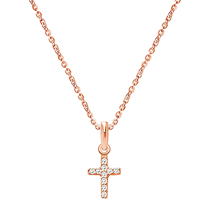 Shining Cross, Clear CZ Children&#039;s Necklace (Includes Chain) - 14K Rose Gold