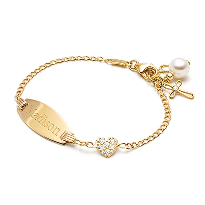 Pavé Heart, Christening/Baptism Baby/Children&#039;s Engraved ID Bracelet - 14K Gold