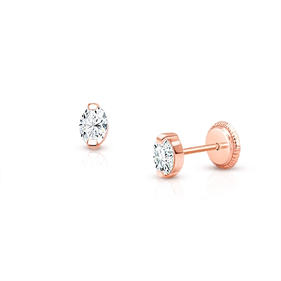 Oval Cut Studs, Clear CZ Christening/Baptism Baby/Children&#039;s Earrings, Screw Back - 14K Rose Gold
