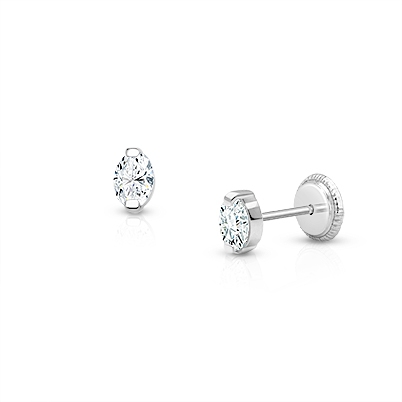 Oval Cut Studs, Clear CZ First Holy Communion Children&#039;s Earrings, Screw Back - 14K White Gold