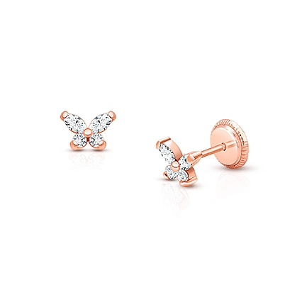 Baby Butterfly, Clear CZ Christening/Baptism Baby/Children&#039;s Earrings, Screw Back - 14K Rose Gold