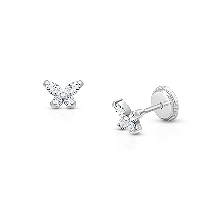 Baby Butterfly, Clear CZ First Holy Communion Children’s Earrings, Screw Back - 14K White Gold