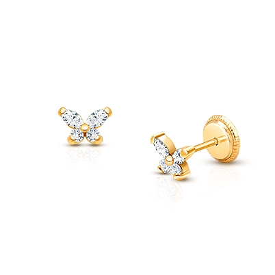 Baby Butterfly, Clear CZ Christening/Baptism Baby/Children&#039;s Earrings, Screw Back - 14K Gold