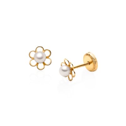 Petals and Pearls, Baby/Children&#039;s Earrings, Screw Back - 14K Gold