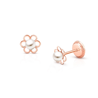Petals and Pearls, Baby/Children&#039;s Earrings, Screw Back - 14K Rose Gold