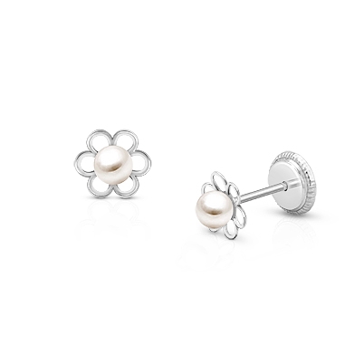 Sterling Silver Screw-Back White Pearl Childrens Earrings