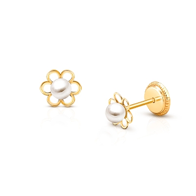 Petals and Pearls, Baby/Children&#039;s Earrings, Screw Back - 14K Gold