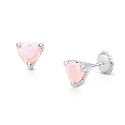 Pink Opal CZ Heart, Mother&#039;s Earrings, Screw Back - 14K White Gold