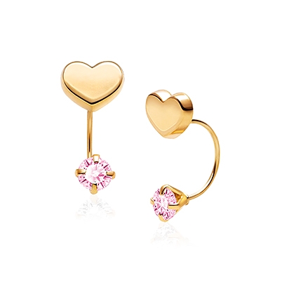 Modern Heart Screw Front, Pink CZ Teen&#039;s Earrings - 14K Gold