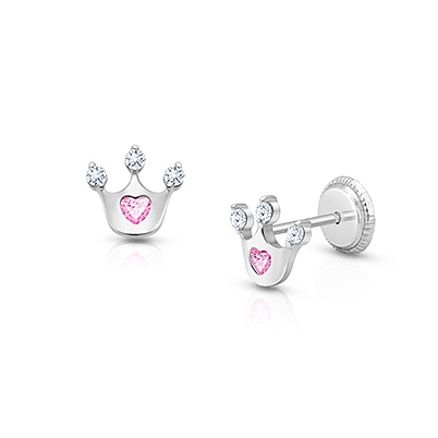 Princess at Heart, Pink/Clear CZ Christening/Baptism Baby/Children&#039;s Earrings, Screw Back - 14K White Gold