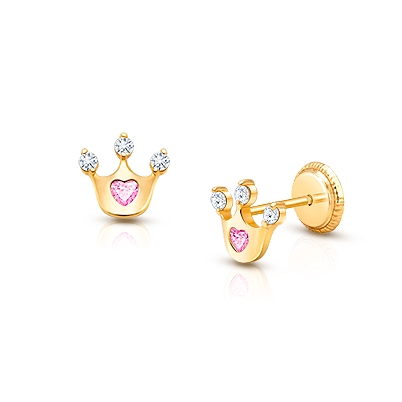 Princess at Heart, Pink/Clear CZ First Holy Communion Children&#039;s Earrings, Screw Back - 14K Gold