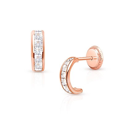 Princess Cut Half Hoop, Channel Set Clear CZ Baby/Children&#039;s Earrings, Screw Back - 14K Rose Gold