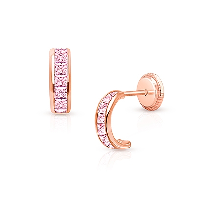 Princess Cut Half Hoop, Channel Set Pink CZ Baby/Children&#039;s Earrings, Screw Back - 14K Rose Gold