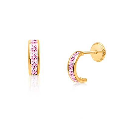 Princess Cut Half Hoop, Channel Set Pink CZ First Holy Communion Children&#039;s Earrings, Screw Back - 14K Gold