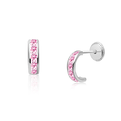 Princess Cut Half Hoop, Channel Set Pink CZ Christening/Baptism Baby/Children&#039;s Earrings, Screw Back - 14K White Gold