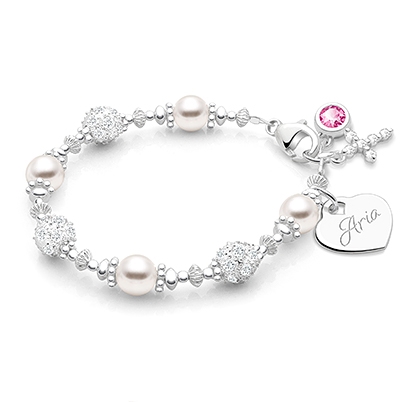 Princess Cross, Christening/Baptism Baby/Children&#039;s Beaded Bracelet for Girls (INCLUDES Engraved Charm) - Sterling Silver