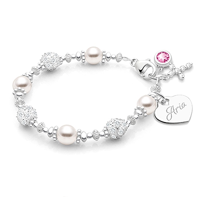 Princess Pearl, Baby/Children&#039;s Beaded Bracelet for Girls (INCLUDES Engraved Charm) - Sterling Silver
