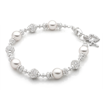 Princess Cross, First Holy Communion Beaded Bracelet for Girls - Sterling Silver