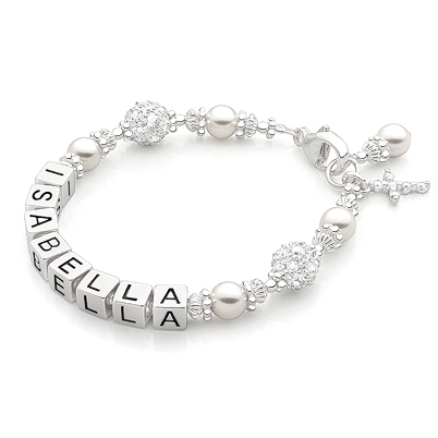Princess Cross, Christening/Baptism Baby/Children&#039;s Name Bracelet for Girls - Sterling Silver