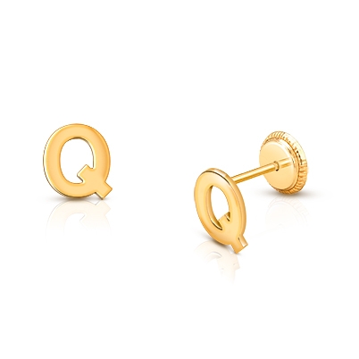 ‘Q’ Initial Studs Personalized Baby/Children’s Earrings, Screw Back - 14K Gold