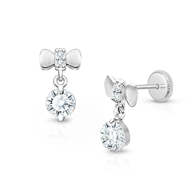 Radiant Ribbons Dangle, Clear CZ First Holy Communion Children&#039;s Earrings, Screw Back - 14K White Gold