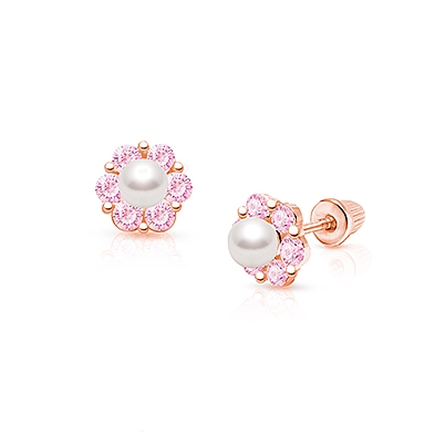 Regal Radiance, Pink CZ Baby/Children&#039;s Earrings, Screw Back - 14K Rose Gold