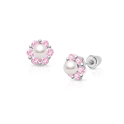Regal Radiance, Pink CZ Baby/Children&#039;s Earrings, Screw Back - 14K White Gold