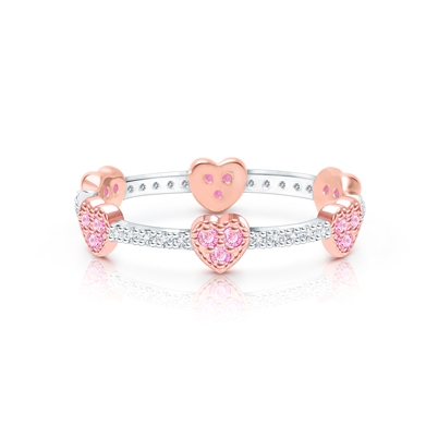 Rosabella Darling Hearts, Pink CZ Children&#039;s Two-Tone Ring for Girls - Sterling Silver