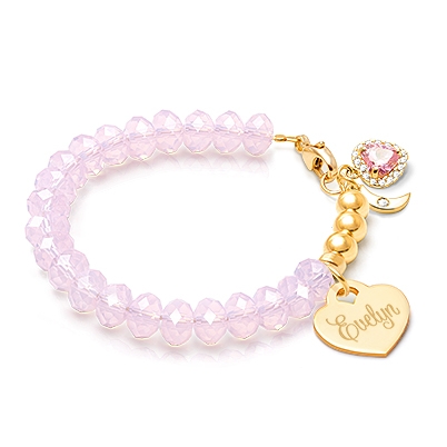 tB® Briolette Crystal™ Rose Opal Baby/Children’s Beaded Bracelet for Girls (INCLUDES Engraved Charm) - 14K Gold
