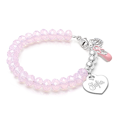 Gia™ Briolette Crystal, Rose Opal Baby/Children’s Beaded Bracelet for Girls (INCLUDES Engraved Charm) - Sterling Silver