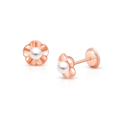 Ruffled Petals with Pearl, First Holy Communion Children&#039;s Earrings, Screw Back - 14K Rose Gold