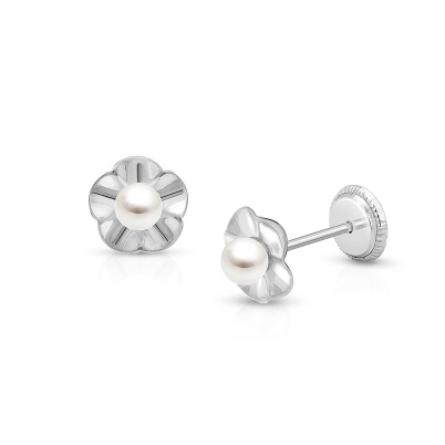 Ruffled Petals with Pearl, Mother&#039;s Earrings, Screw Back - 14K White Gold