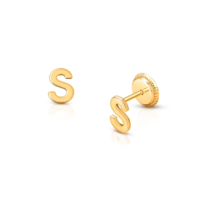 ‘S’ Initial Studs Personalized Baby/Children’s Earrings, Screw Back - 14K Gold
