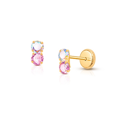 Gia™ Shimmer Drop, Pink/Opalescent CZ Baby/Children’s Earrings, Screw Back - 14K Gold