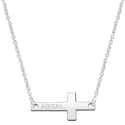 Small Sideways Cross Bar, Engraved Children&#039;s Necklace for Girls (FREE Personalization) - Sterling Silver