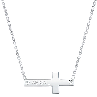 Small Sideways Cross Bar, Engraved Teen&#039;s Necklace for Girls (FREE Personalization) - Sterling Silver